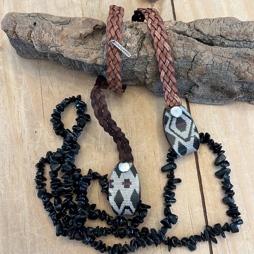 Color By Amber Necklace- Braided Leather, Resin and Natural Black Gemstones